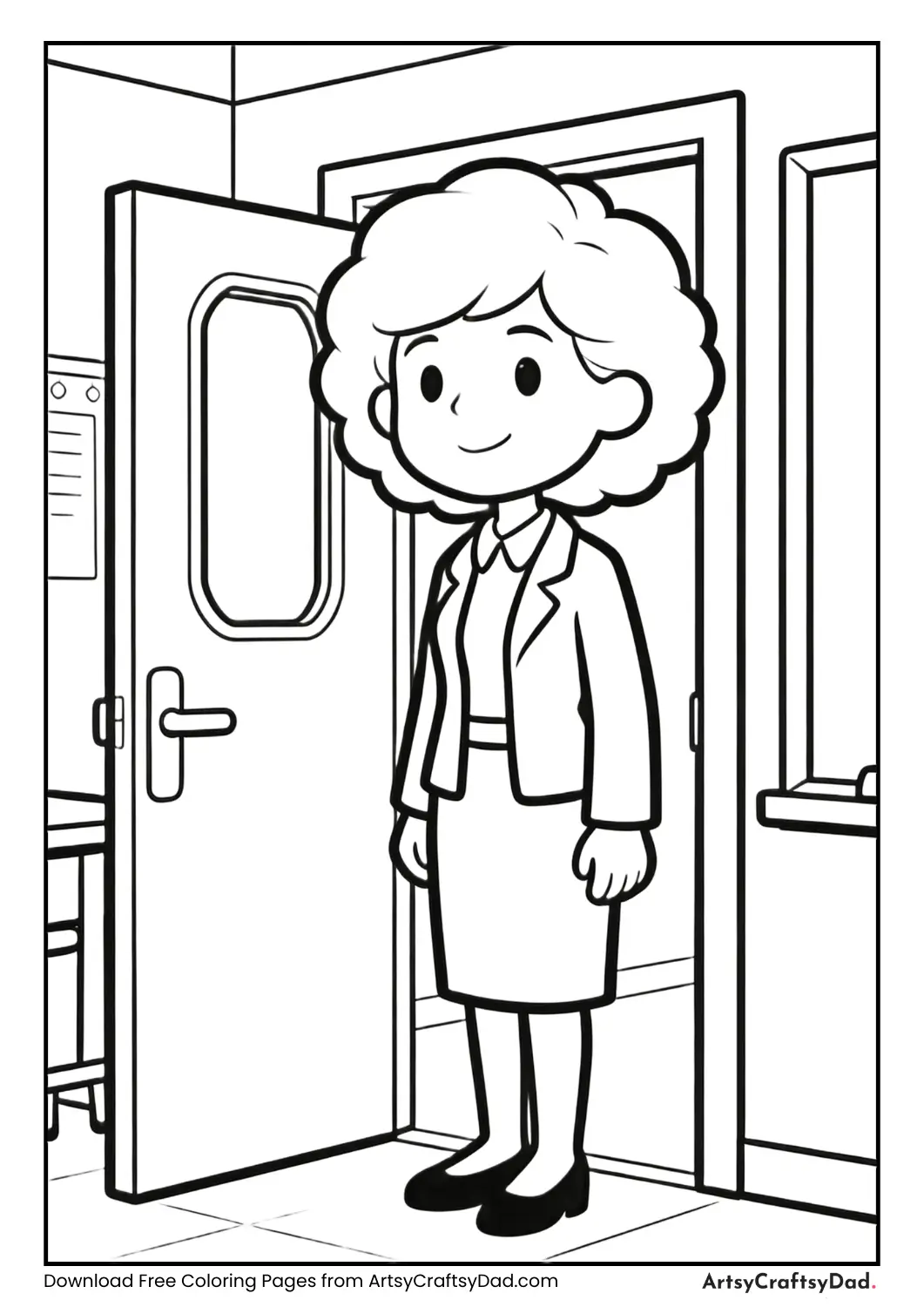 Teacher welcoming students coloring page