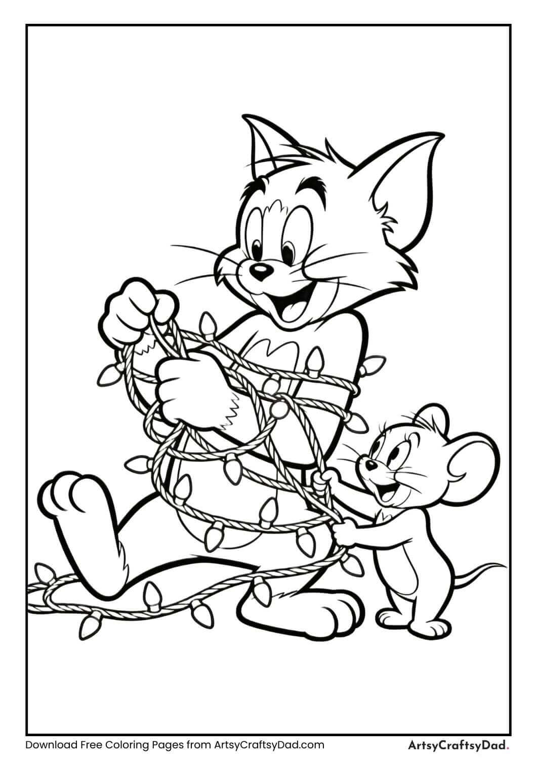 Tom tangled in Christmas lights Jerry helping coloring page