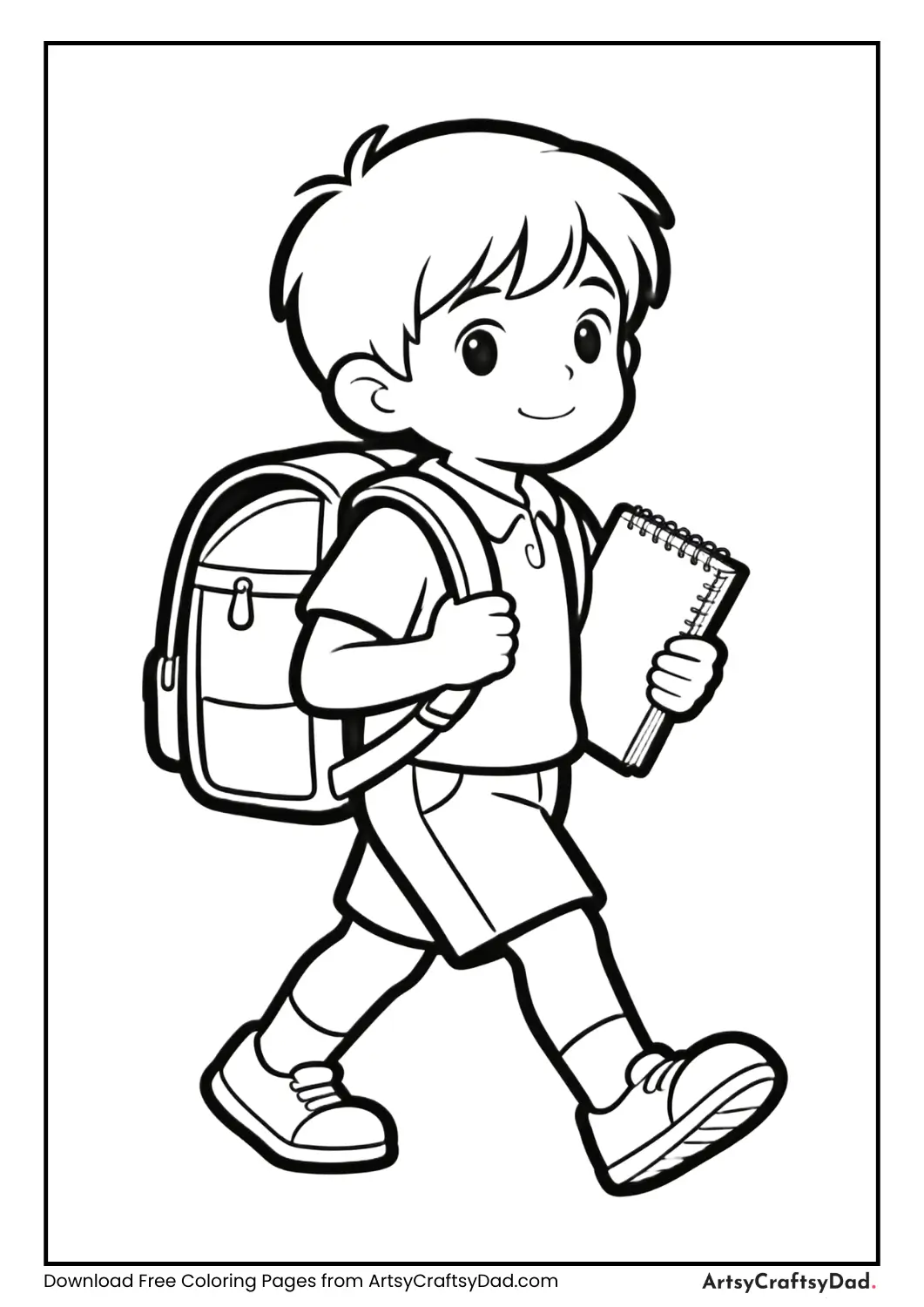 Child carrying a school bag while holding a notebook