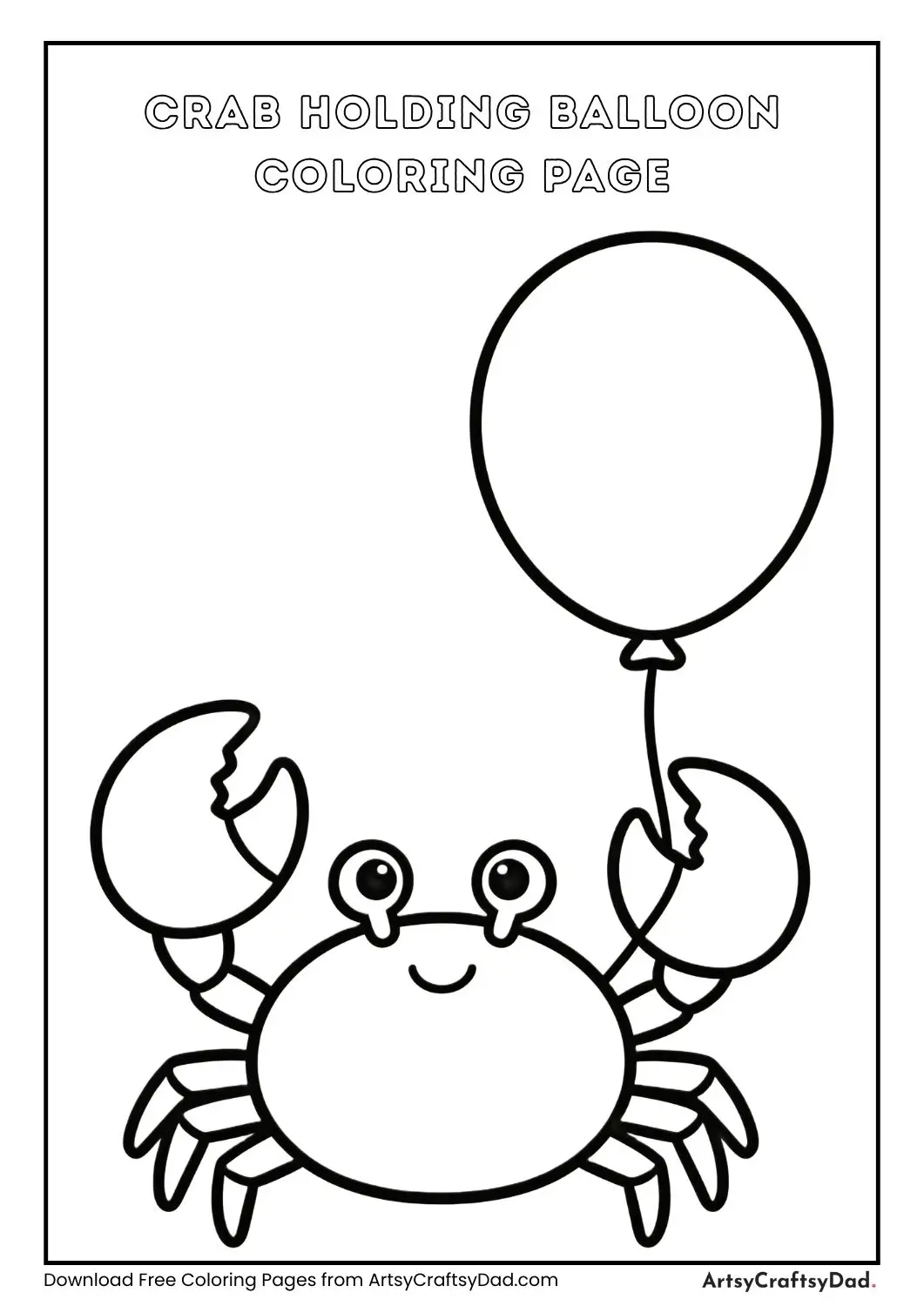 Cartoon crab holding balloon black and white coloring page for kids