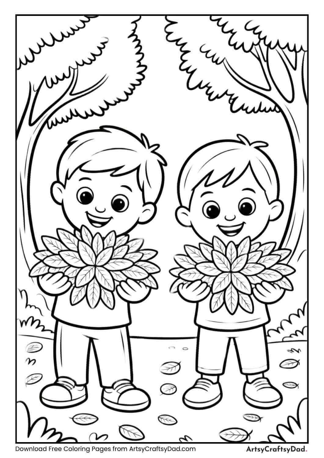 Children collecting leaves in a park during autumn.