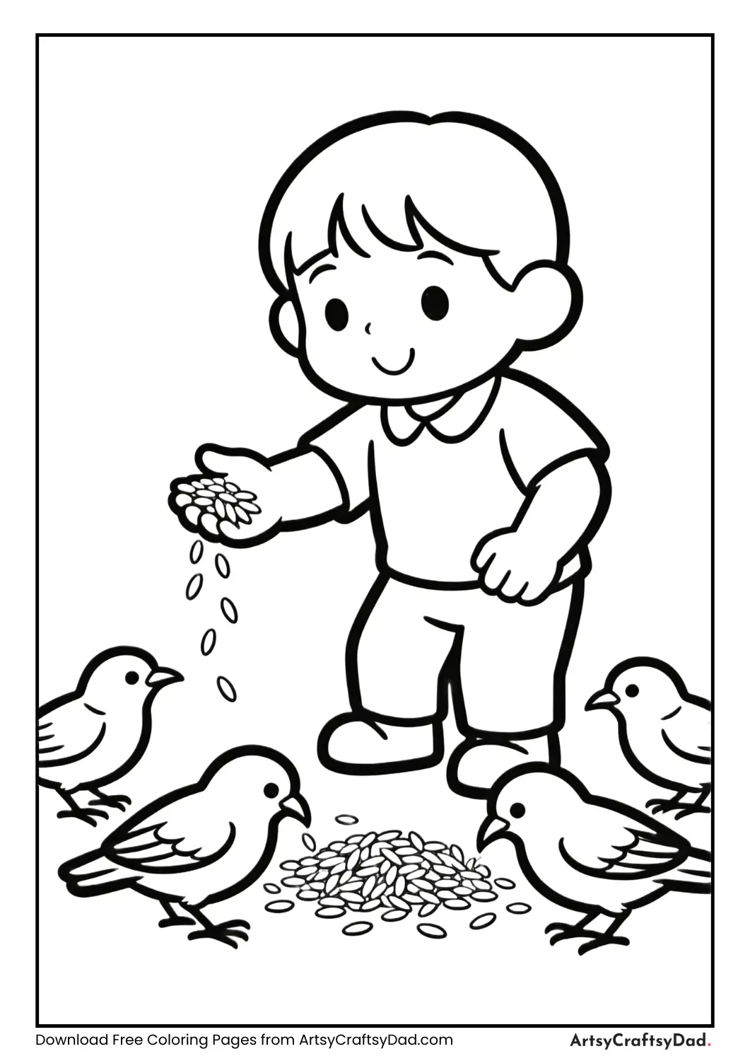 Child feeding birds kindness habit coloring page