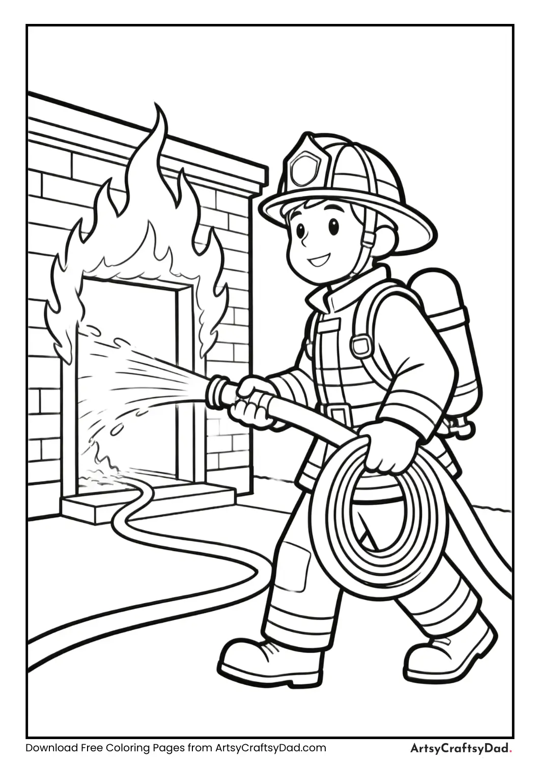 Firefighter carrying hose into a burning building.