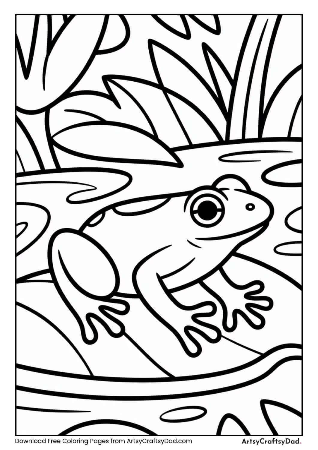 Frog sitting on leaf near jungle stream coloring page.