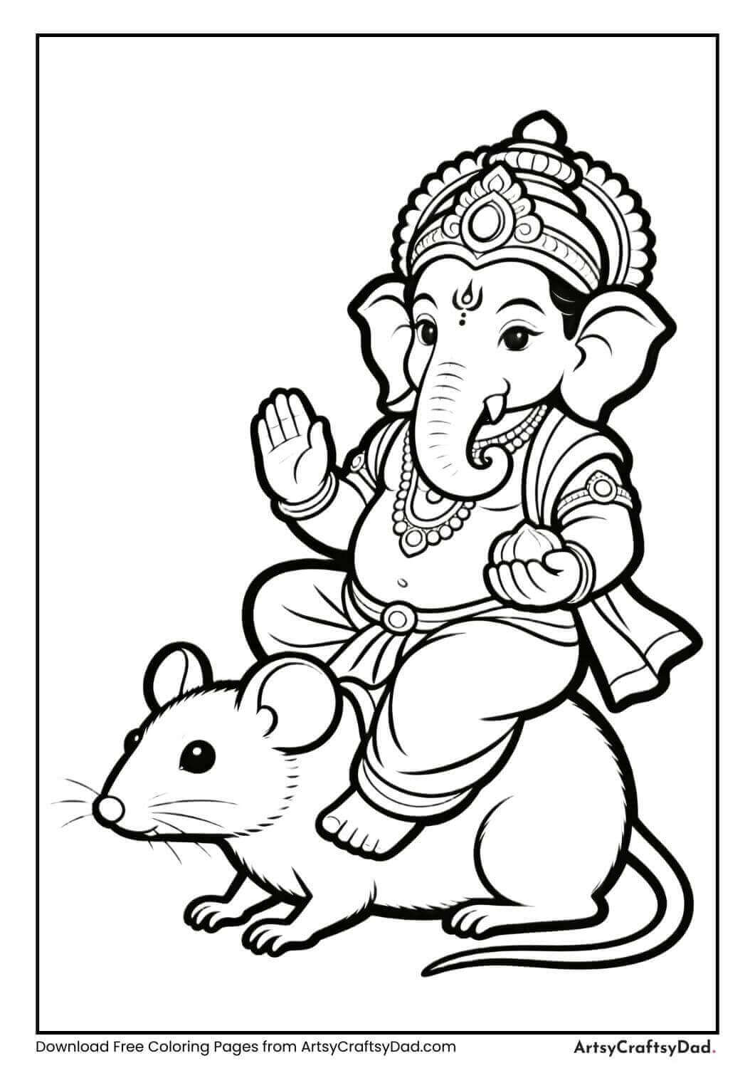 Ganesha riding mouse black and white coloring page