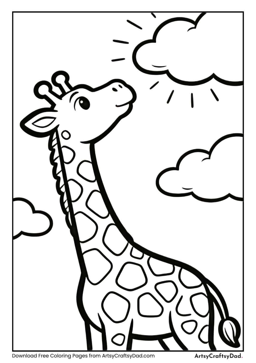 Giraffe looking at clouds coloring page