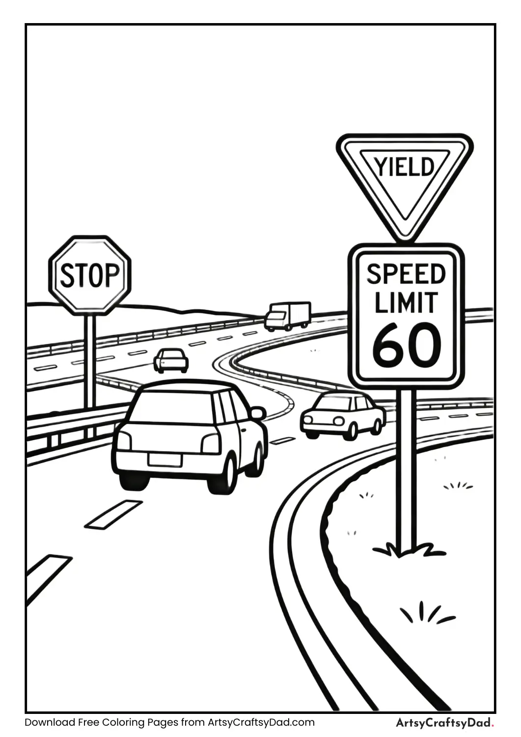 Highway scene with road signs and speed limits, black and white coloring page.
