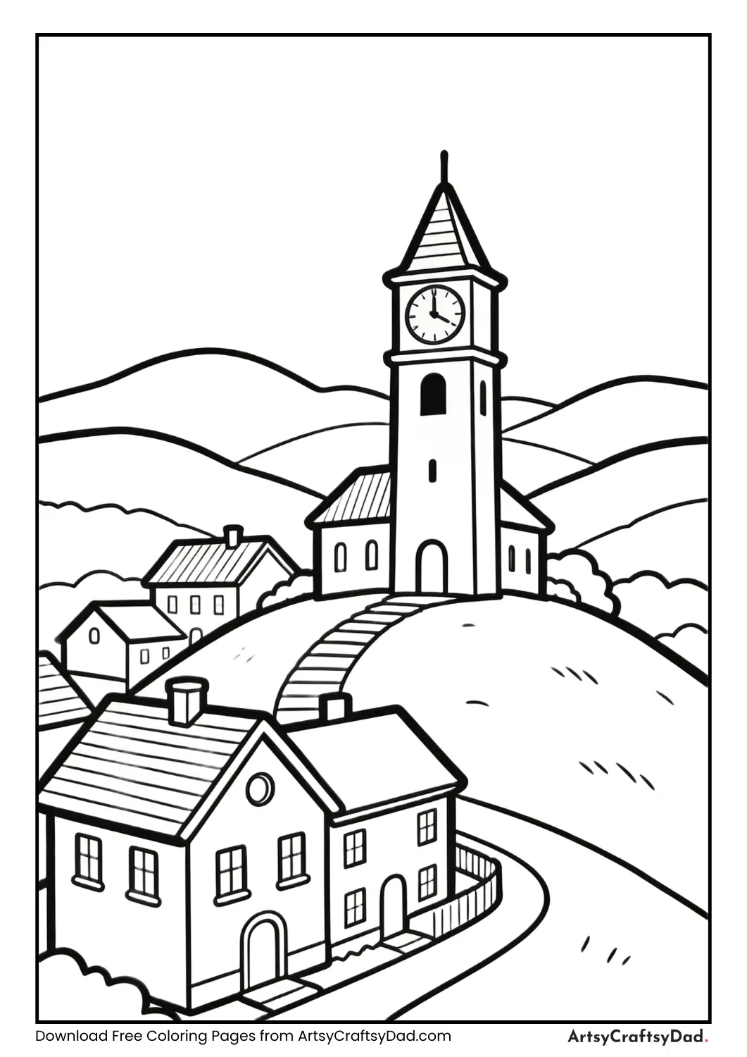 Coloring page of a clock tower with hills and houses in the background.