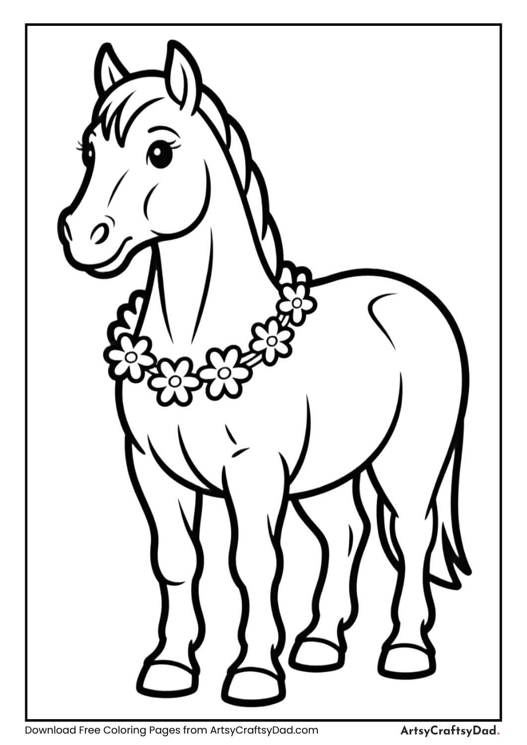Horse with flower garland coloring page