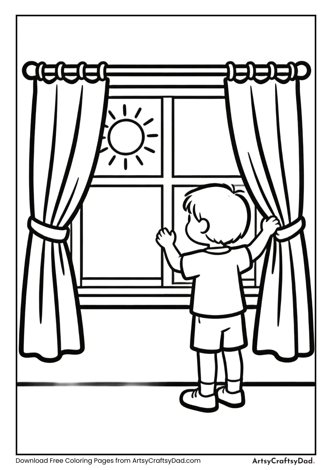 Child opening curtains to let sunlight in.