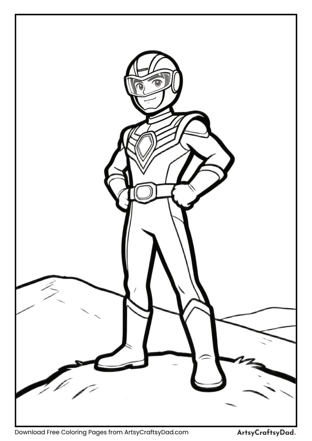 Power Ranger standing on hill coloring page