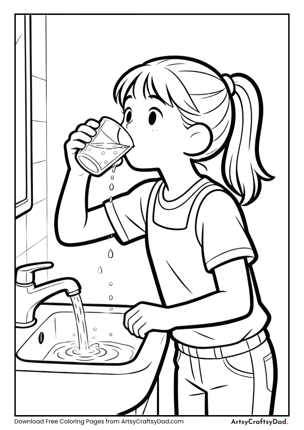 Child rinsing cup hygiene coloring page