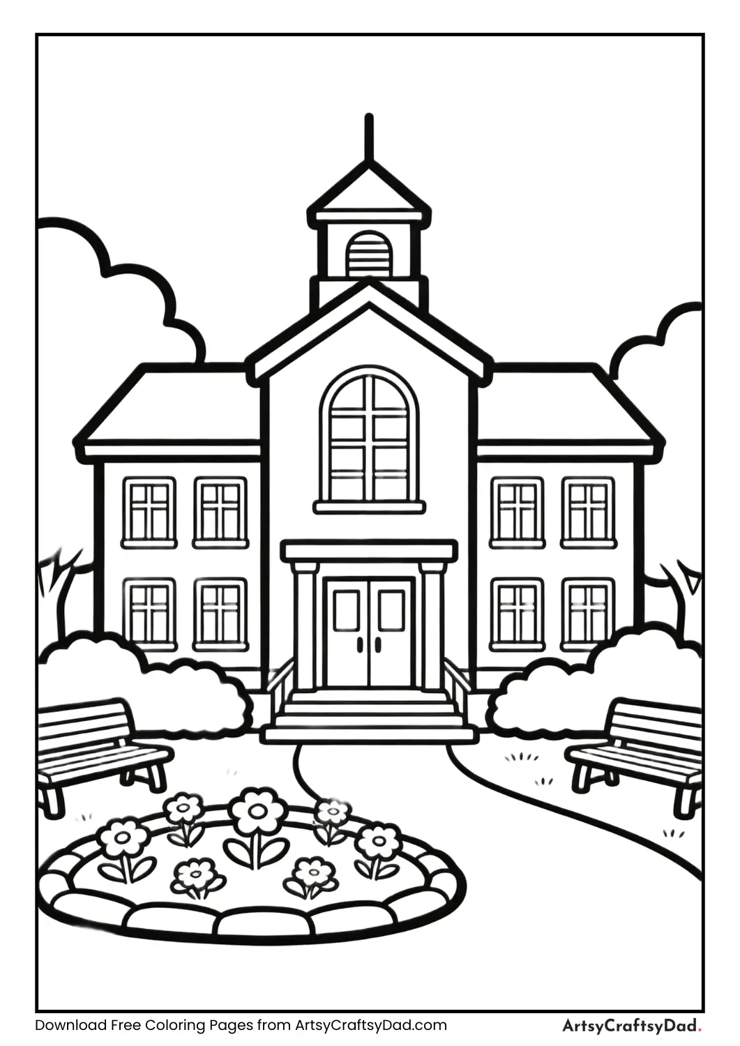 School building with garden coloring page
