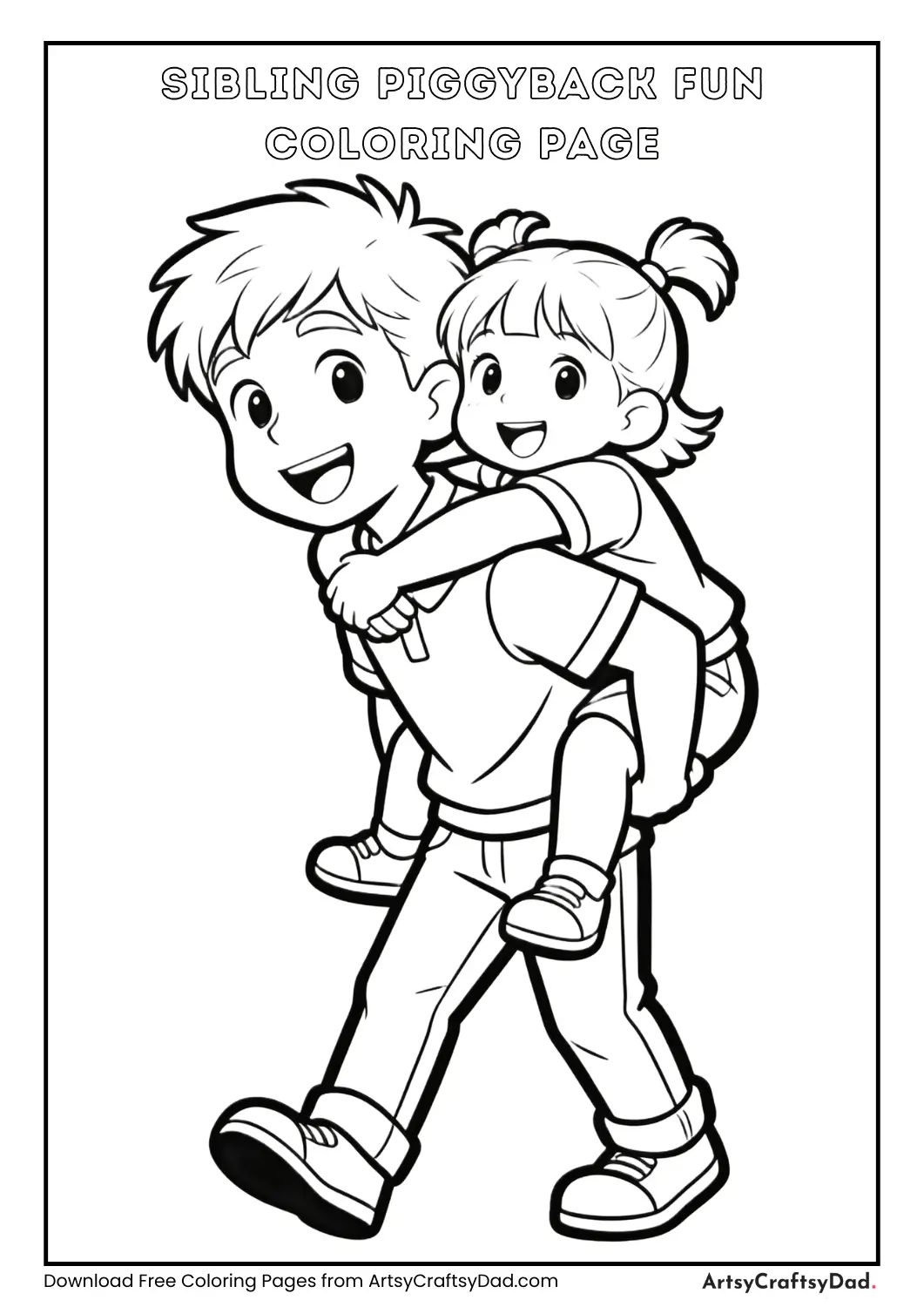 Brother giving piggyback ride to sibling coloring page