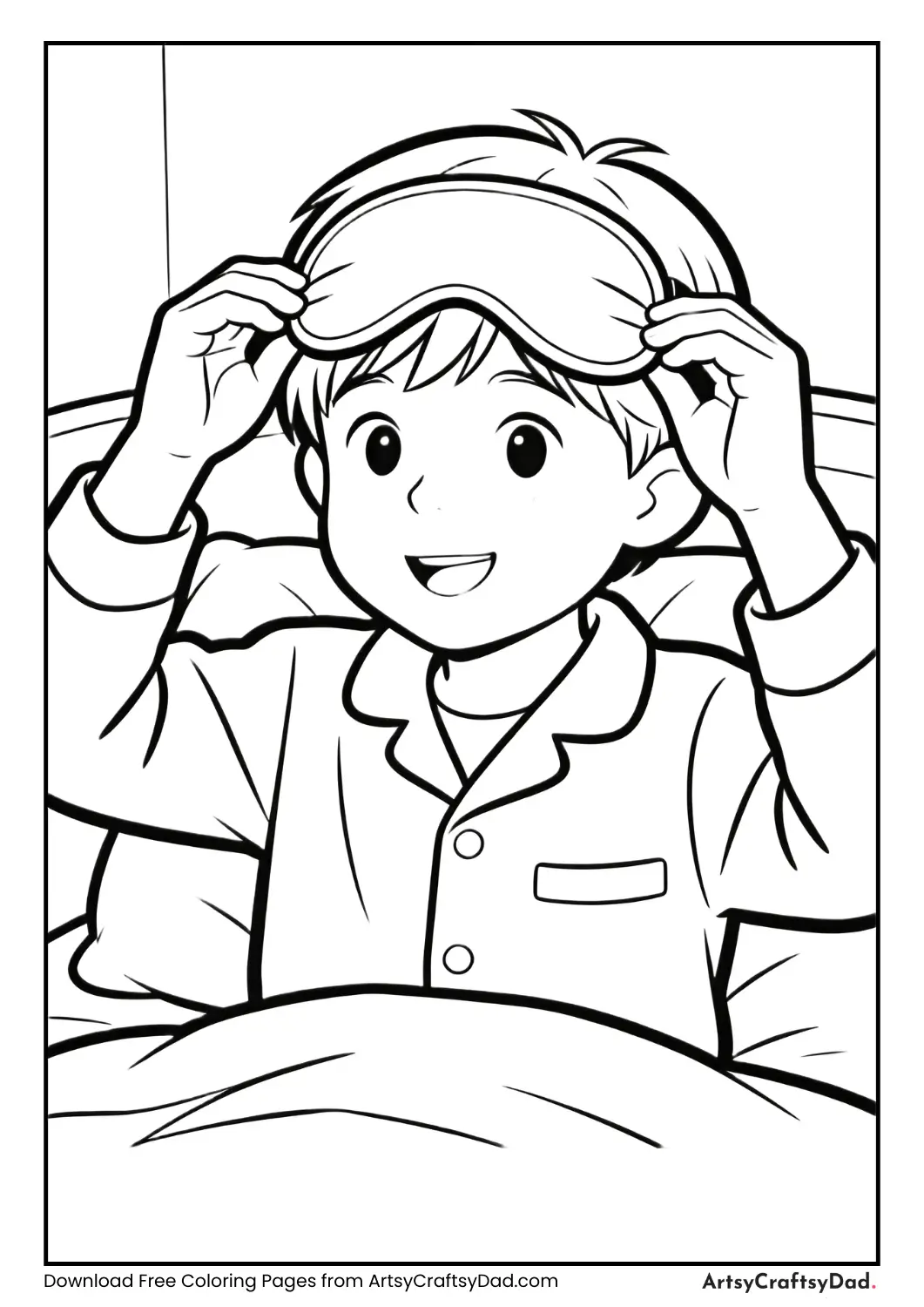 Child wearing sleep mask coloring page