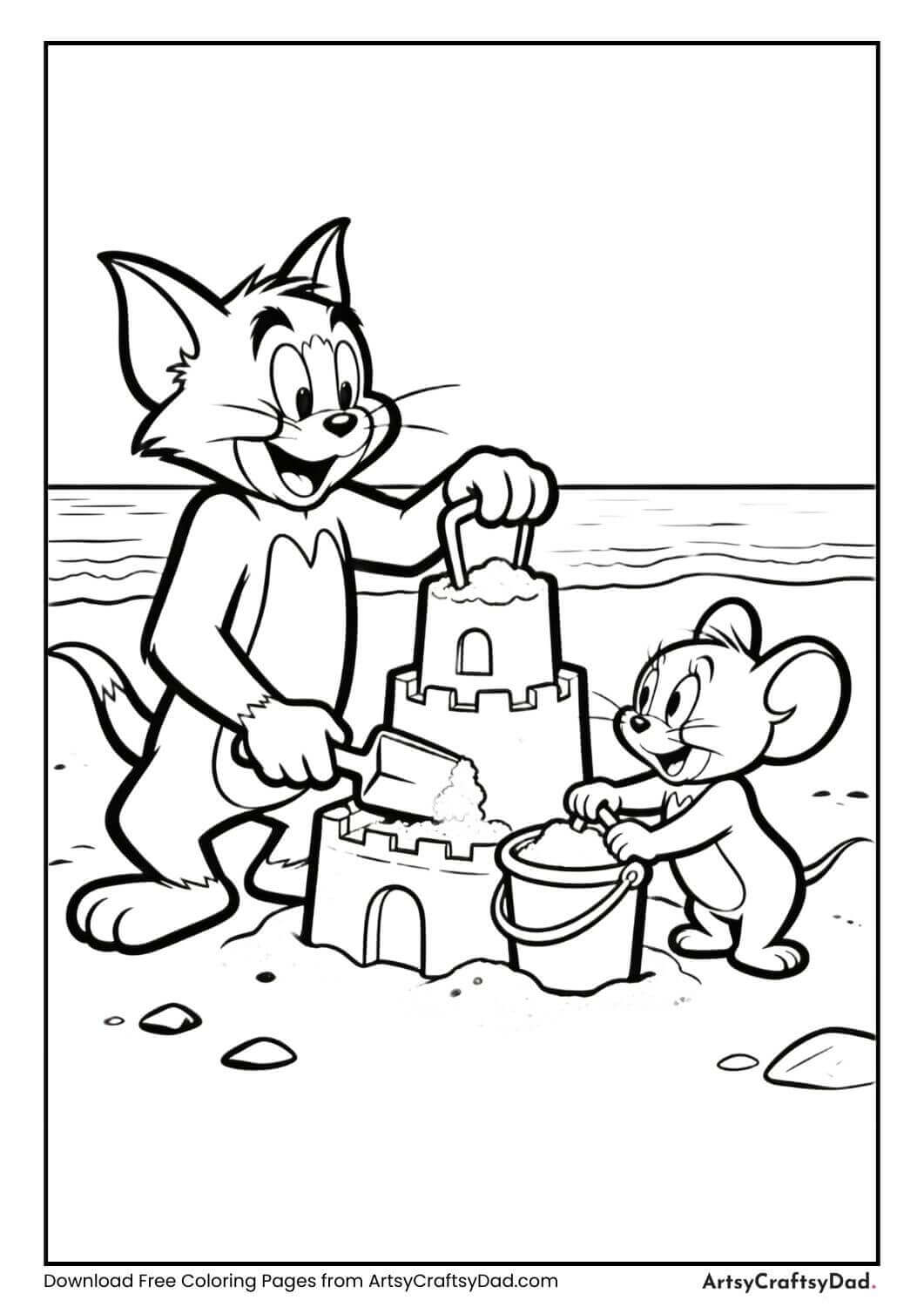 Tom and Jerry building sandcastle coloring page