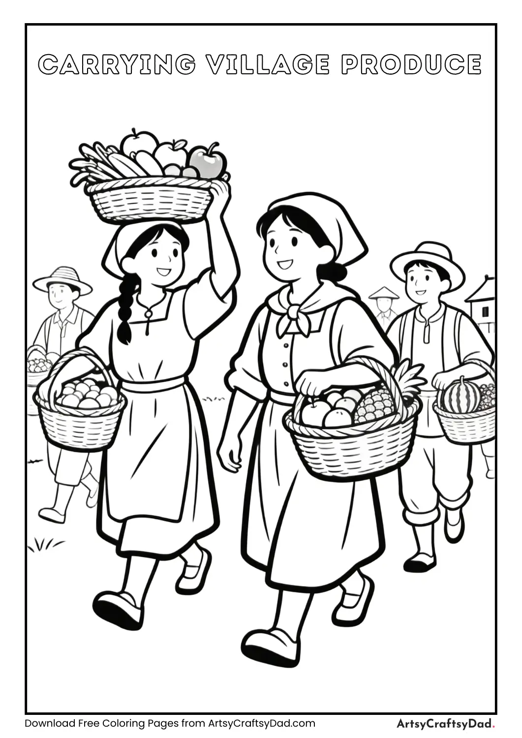 Villagers carrying baskets of fruits and vegetables