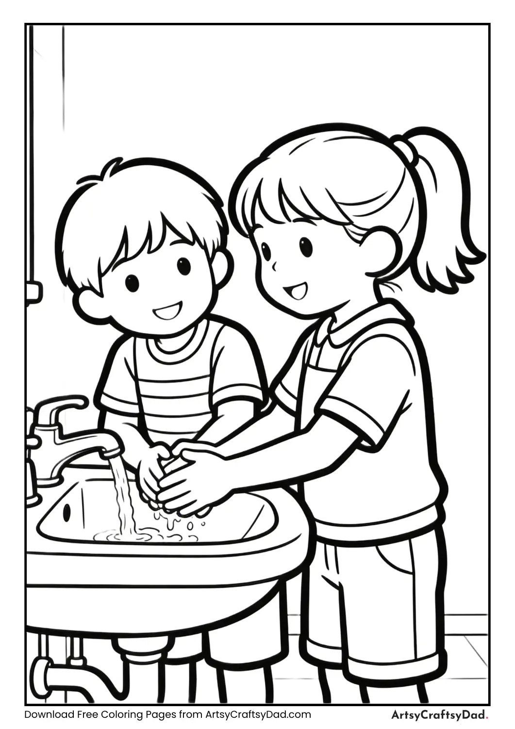 Two children washing hands together.