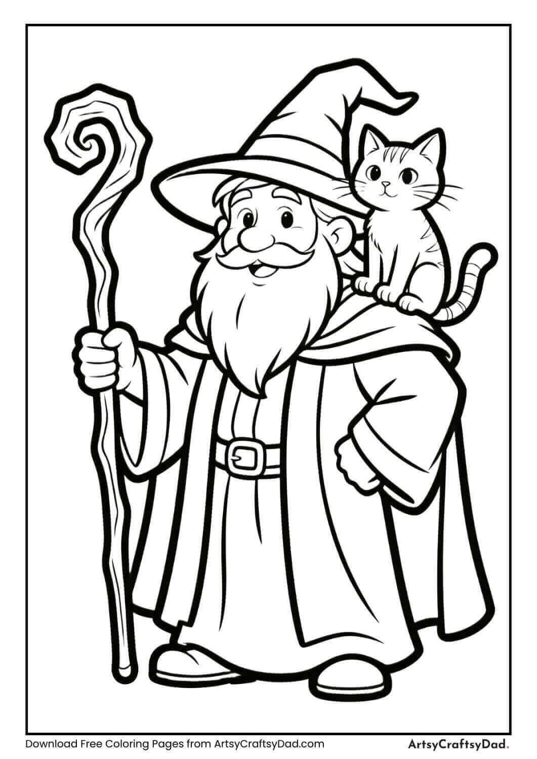 Wizard with a cat or owl perched on shoulder