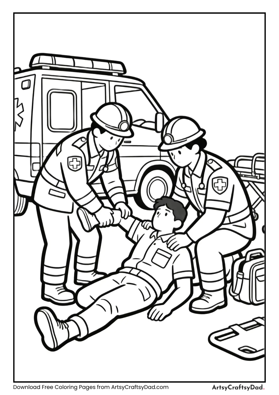 Paramedics helping after a fall coloring page