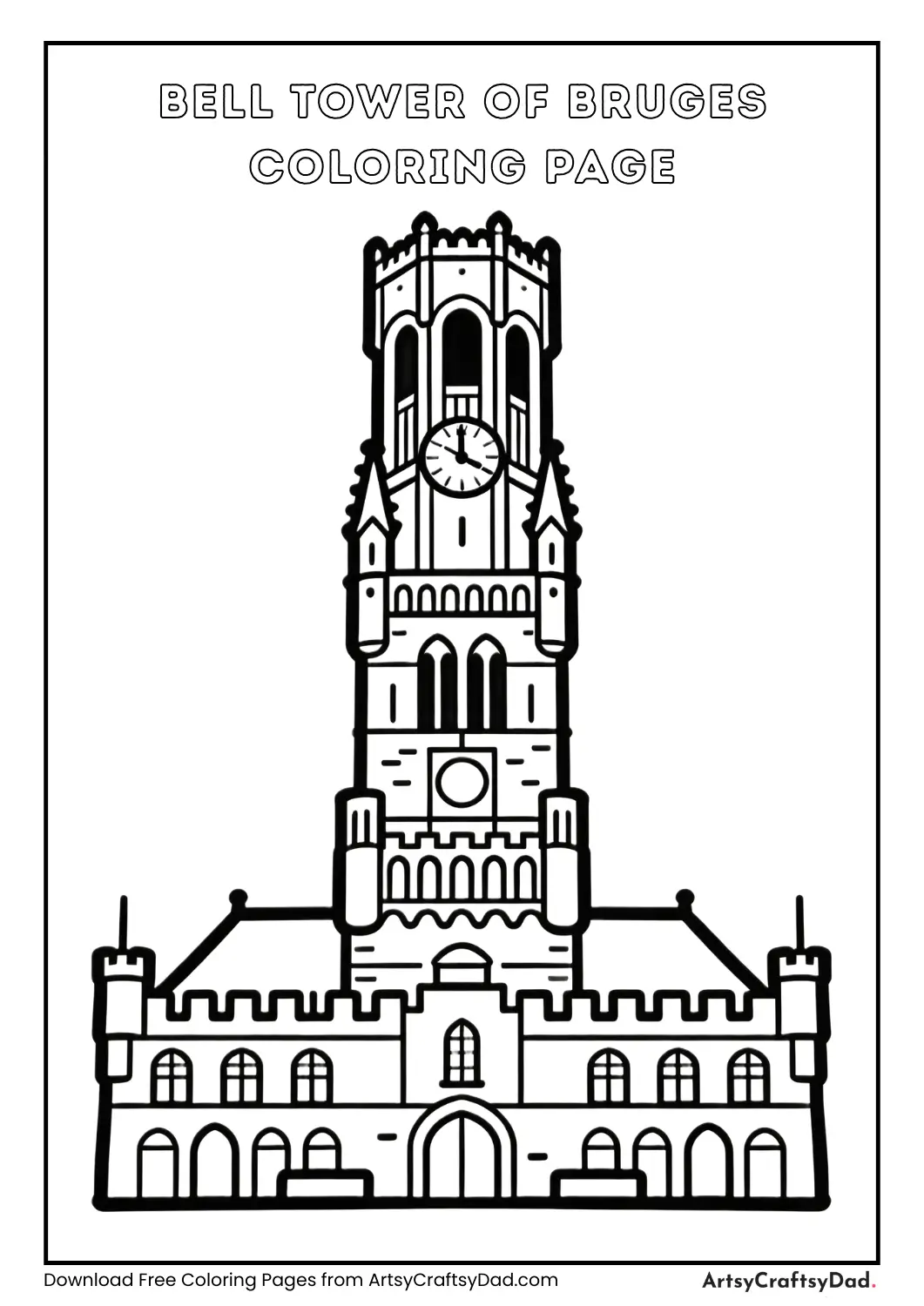 Bell Tower of Bruges black and white coloring page for kids