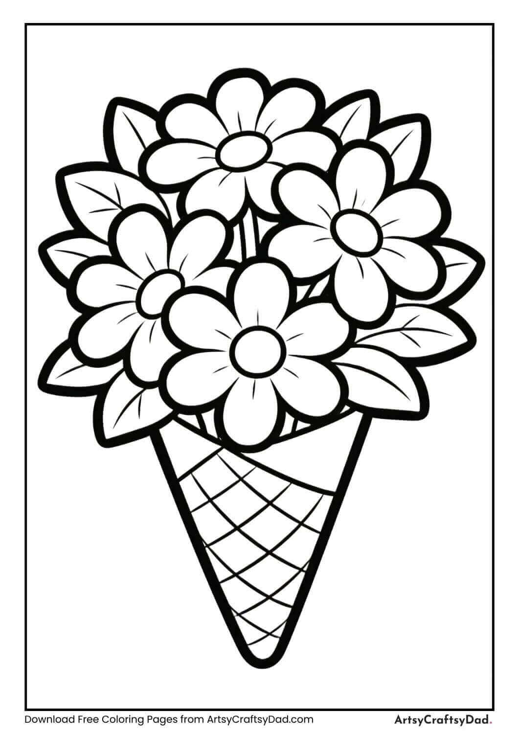 Cone wrapped flower bouquet coloring page