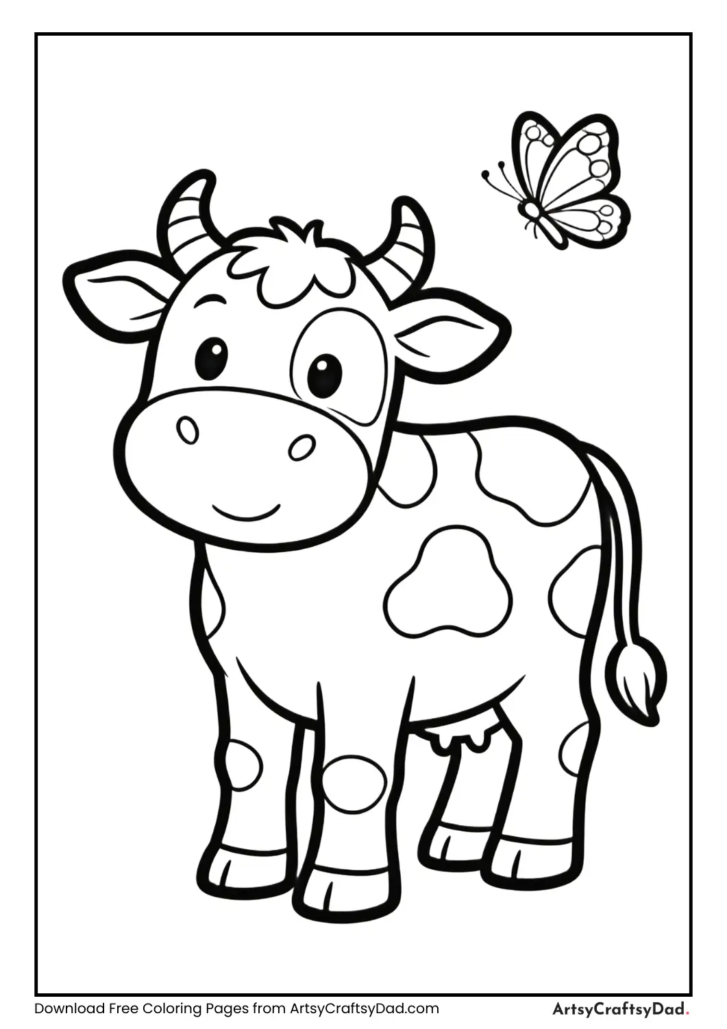 Cow with butterfly black and white coloring page