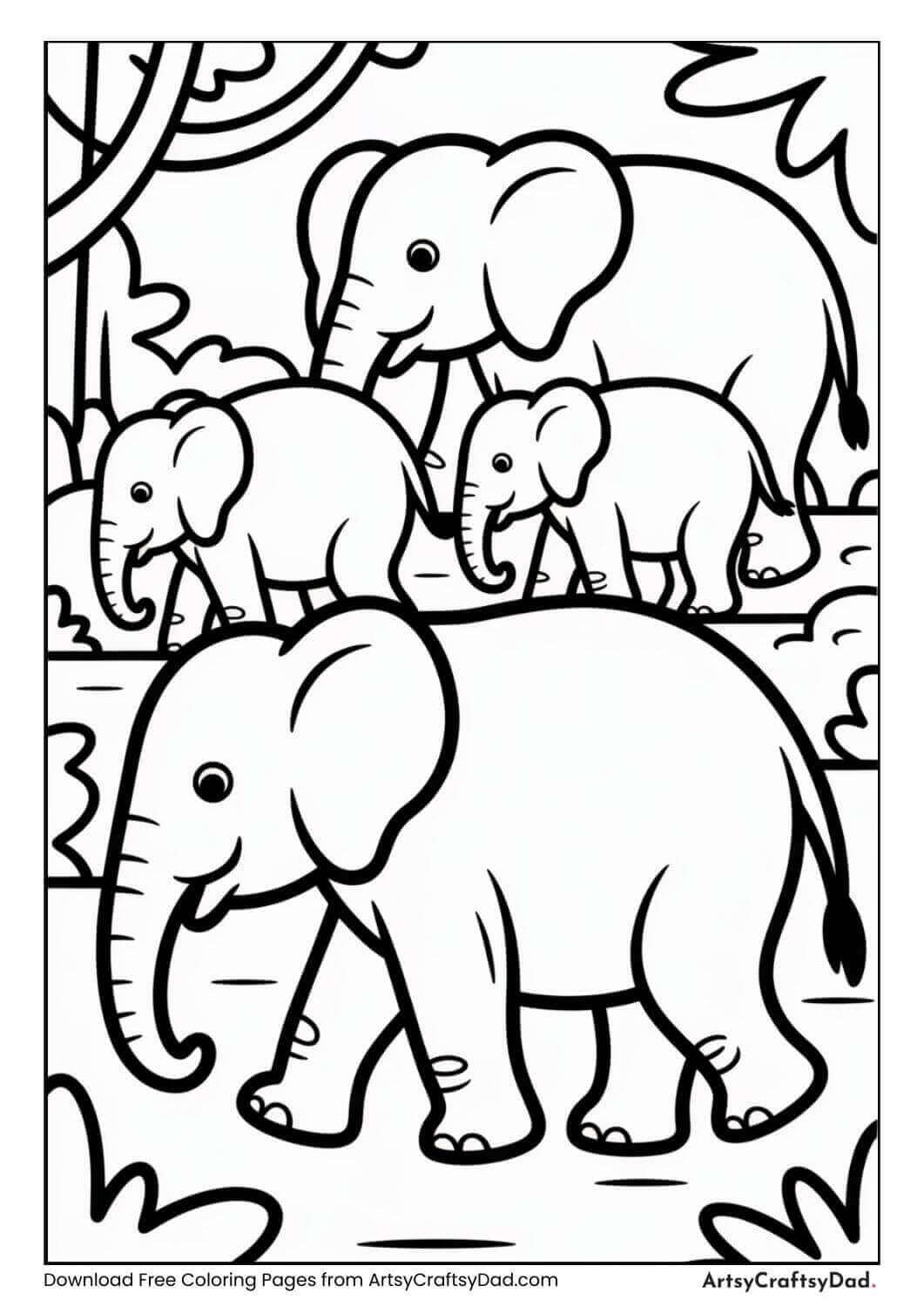 Family of elephants walking through jungle black and white coloring page.
