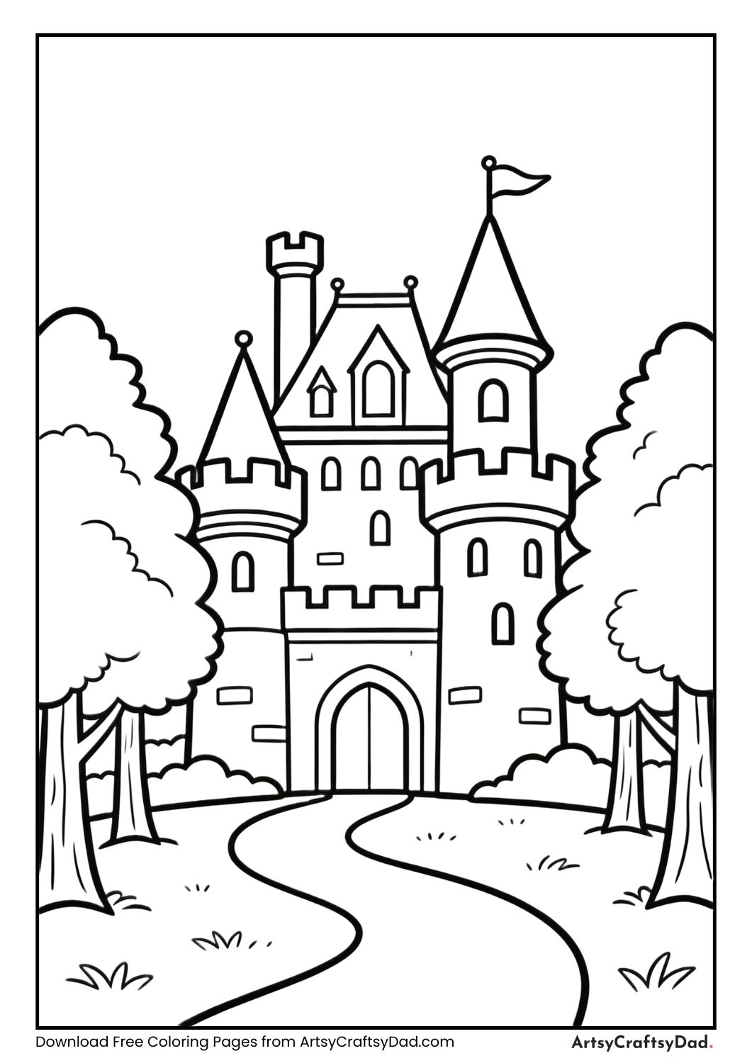 Castle with forest path coloring page
