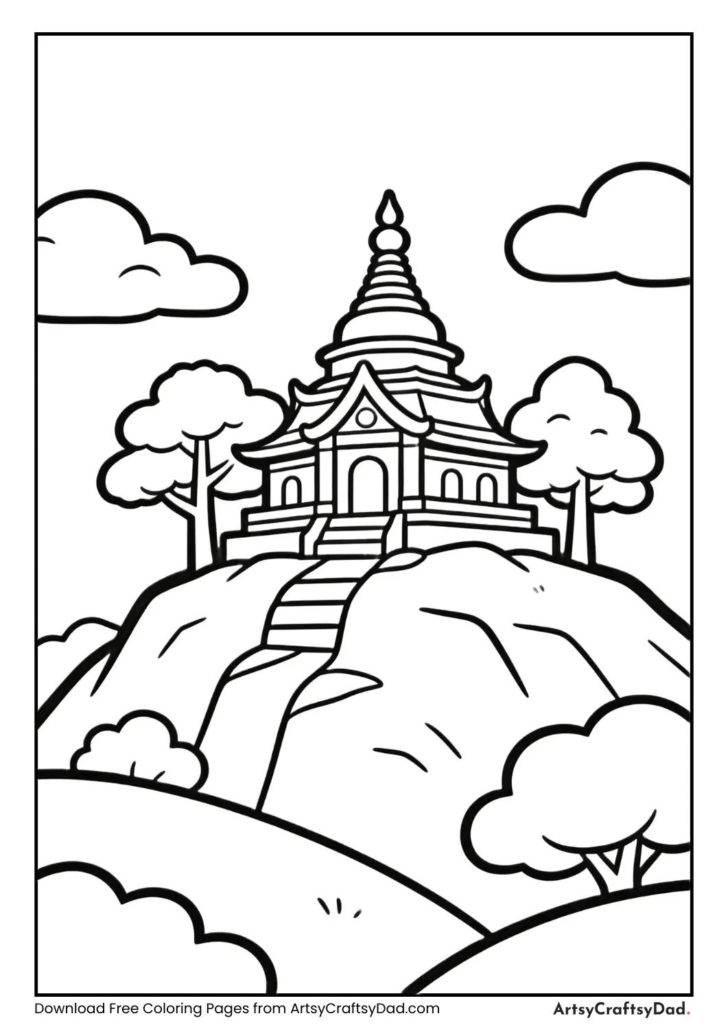 Coloring page of a temple on a hilltop with trees and clouds.