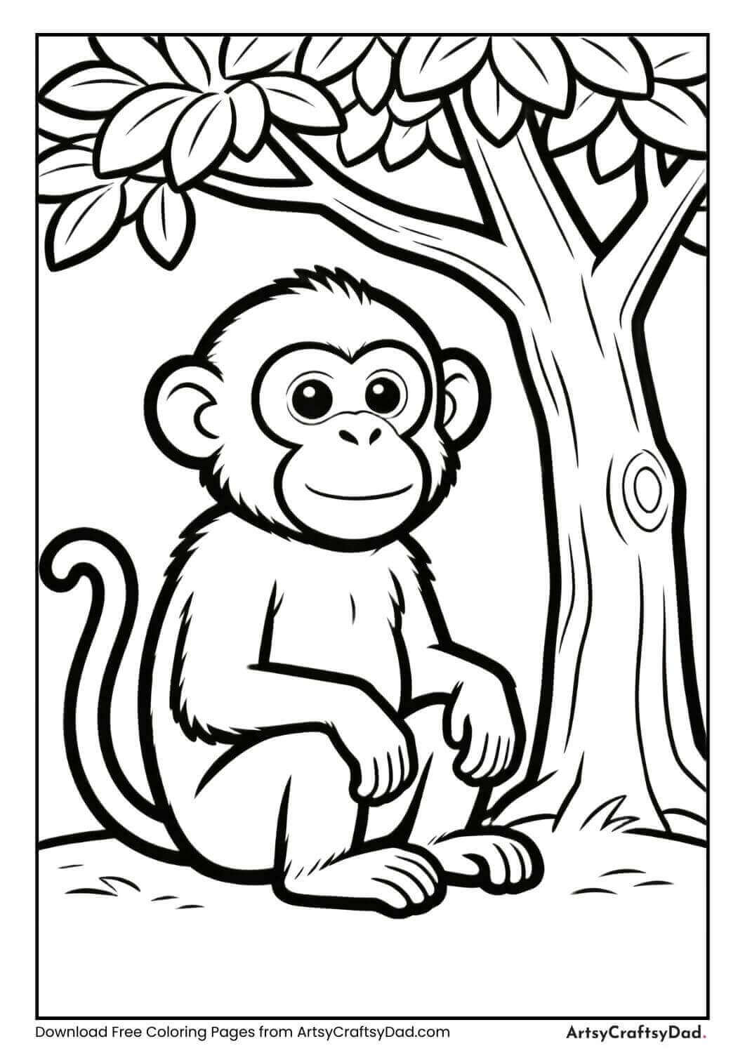 Monkey sitting under tree coloring page