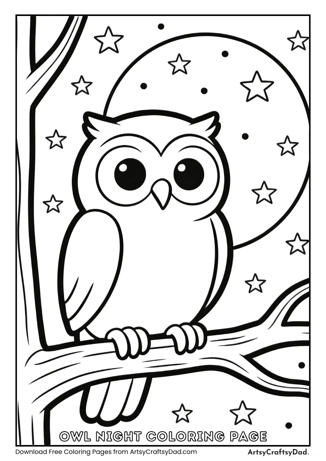 Owl on tree under moon coloring page