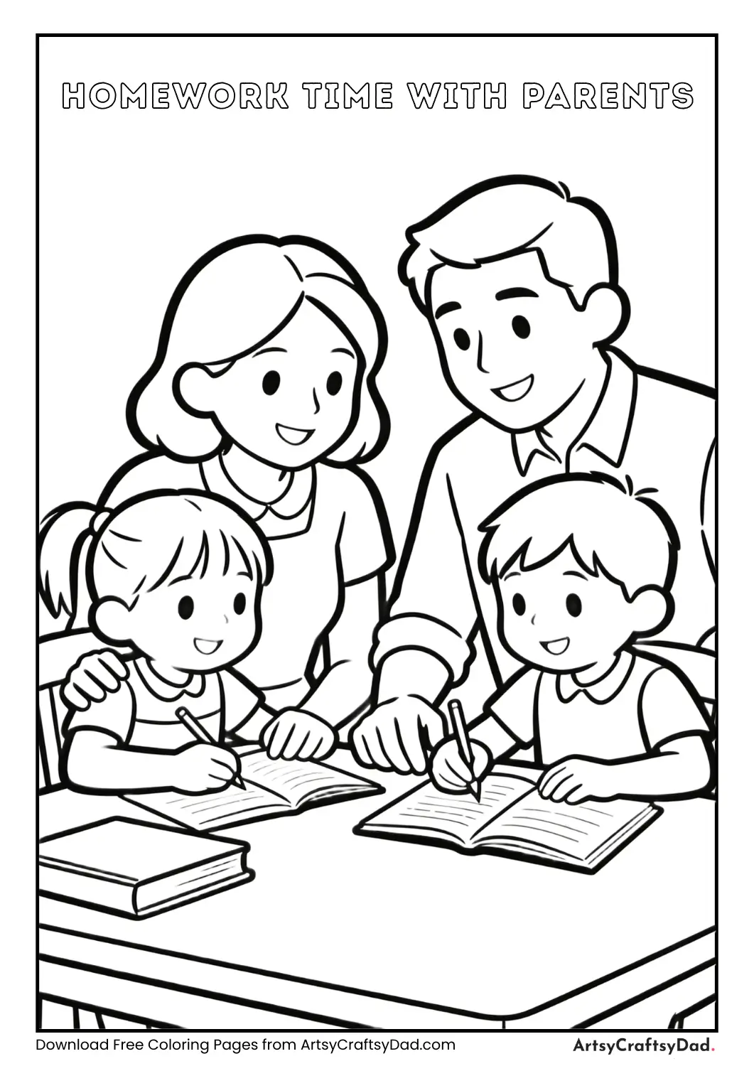 Black and white coloring page of parents helping child st