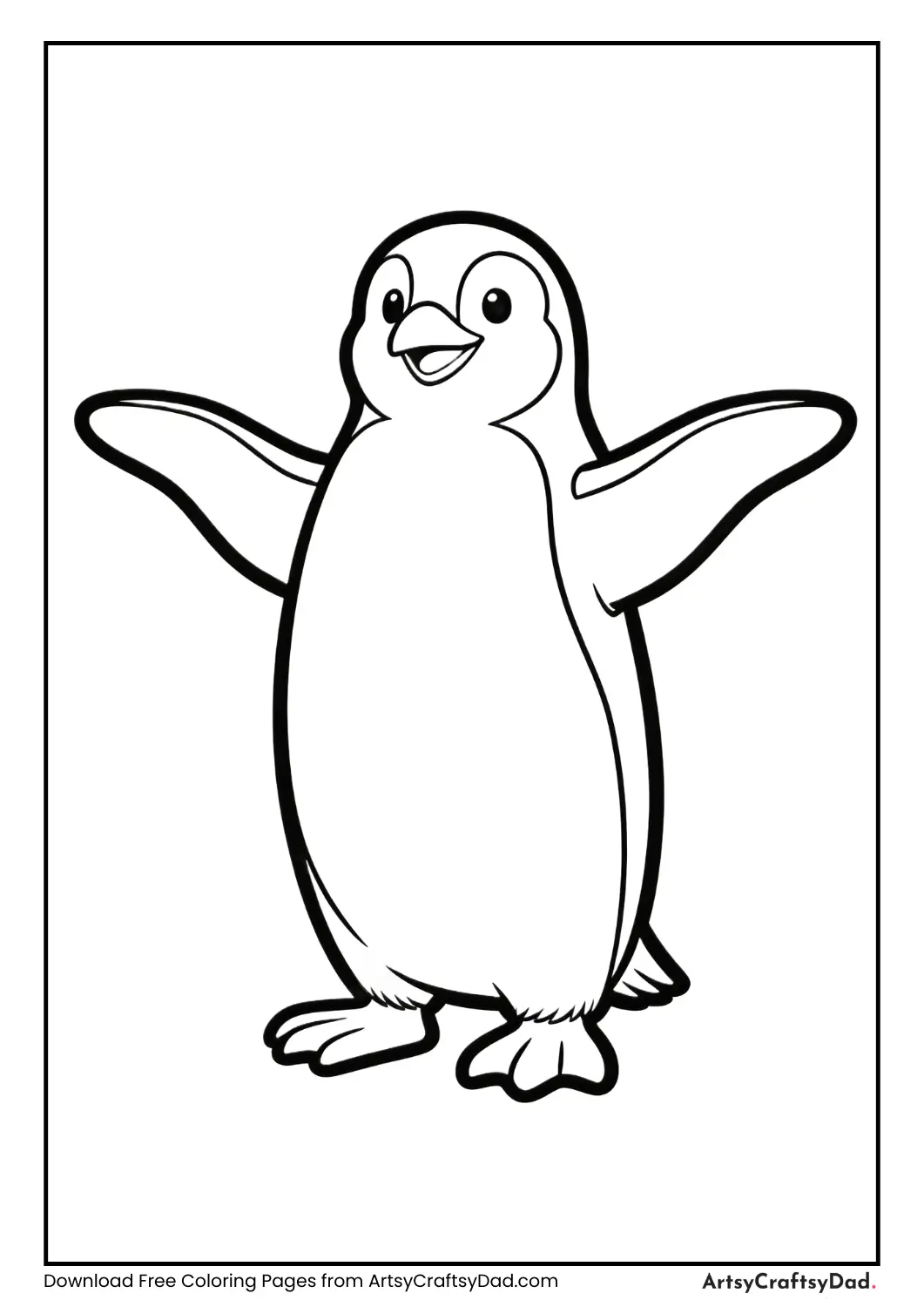 Penguin with open wings black and white coloring page