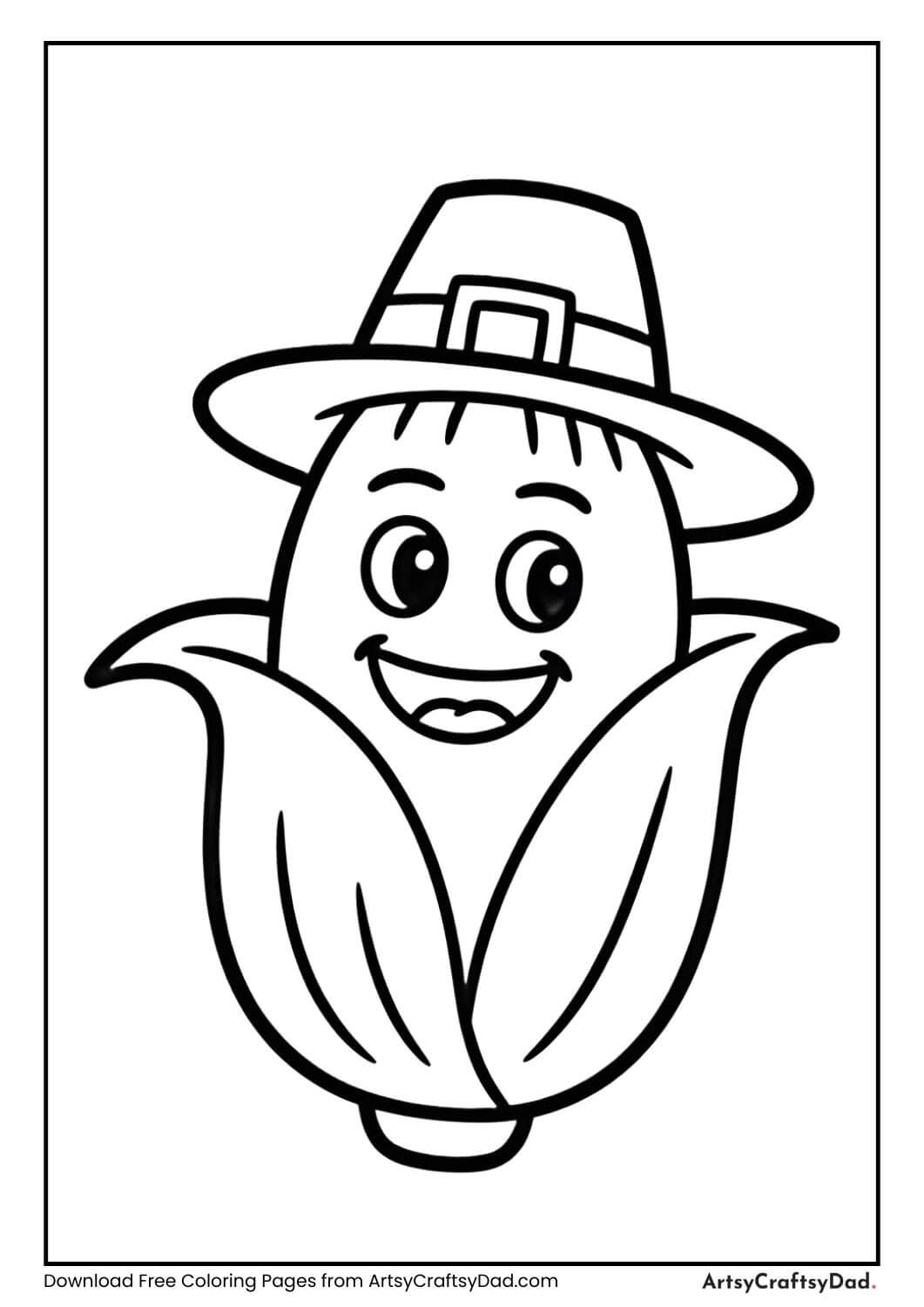 Pilgrim hat with corn cob coloring page