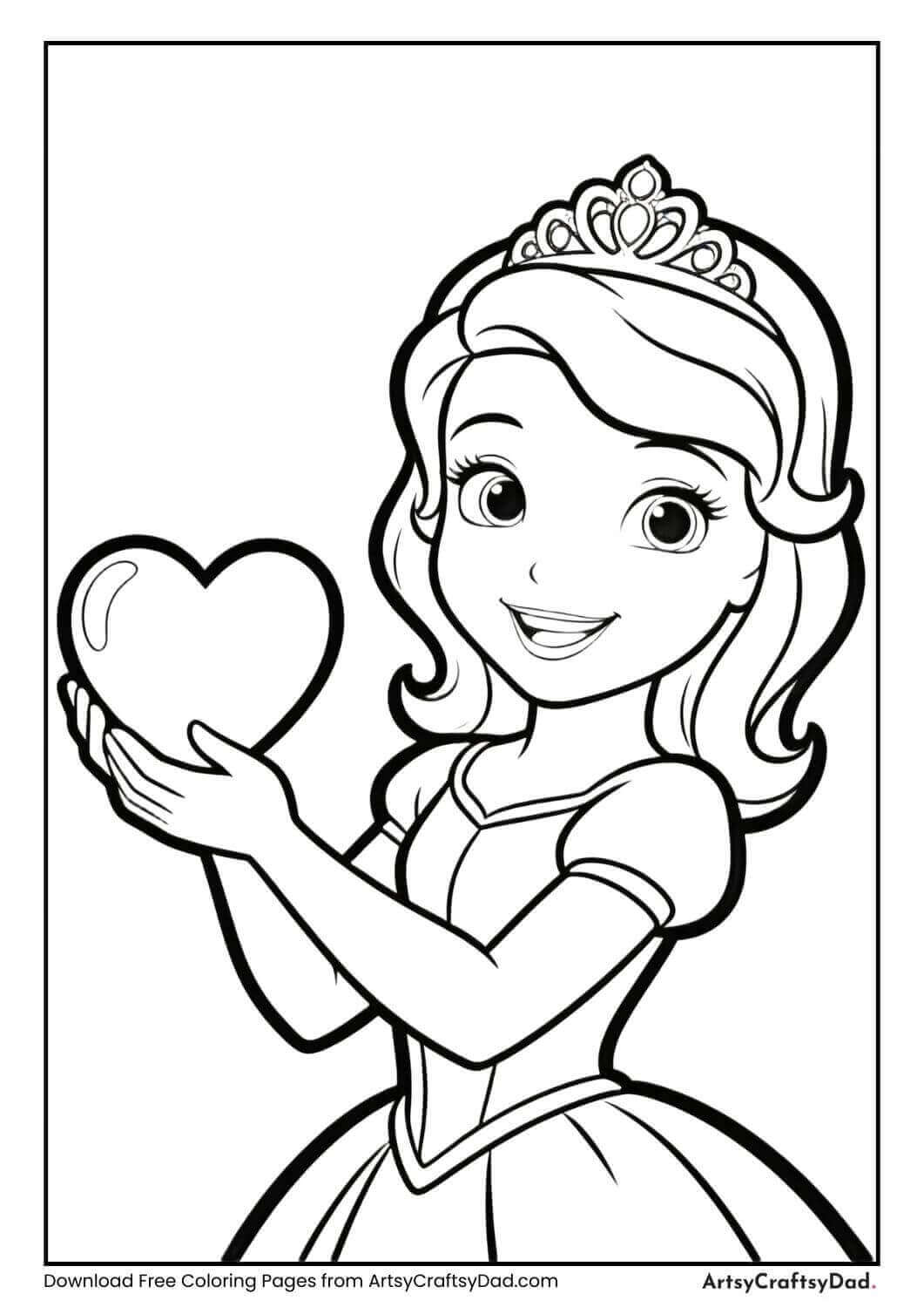 Princess holding a heart coloring page