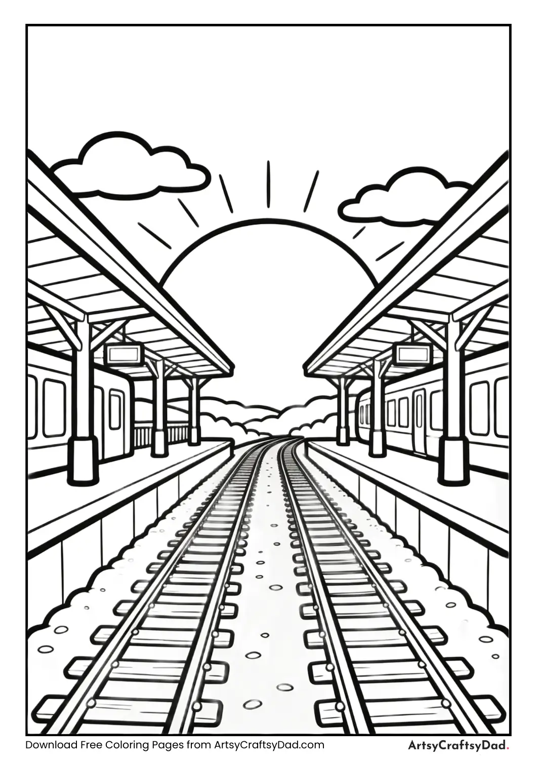 Railway station sunrise coloring page