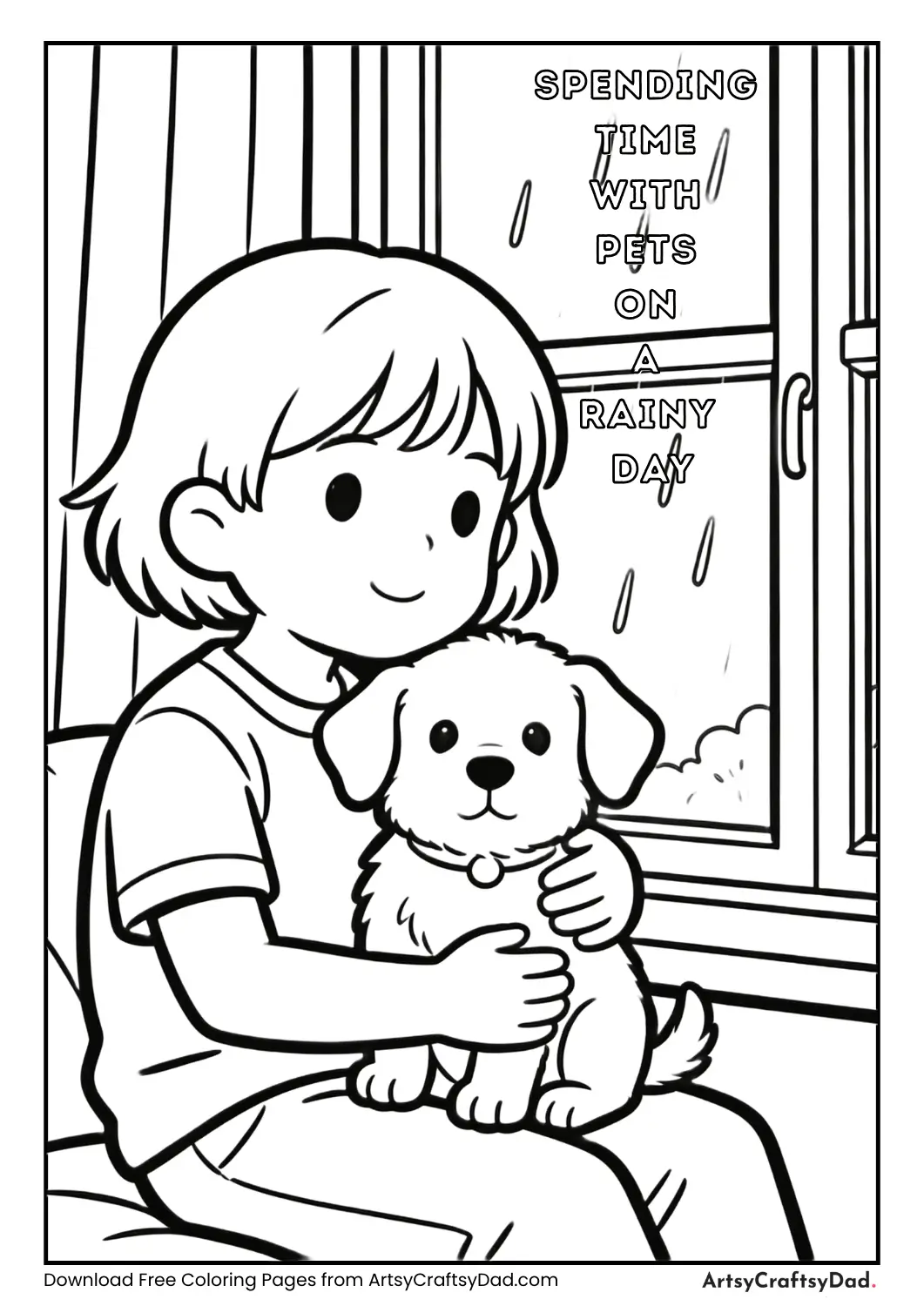 Child cuddling pet indoors coloring page