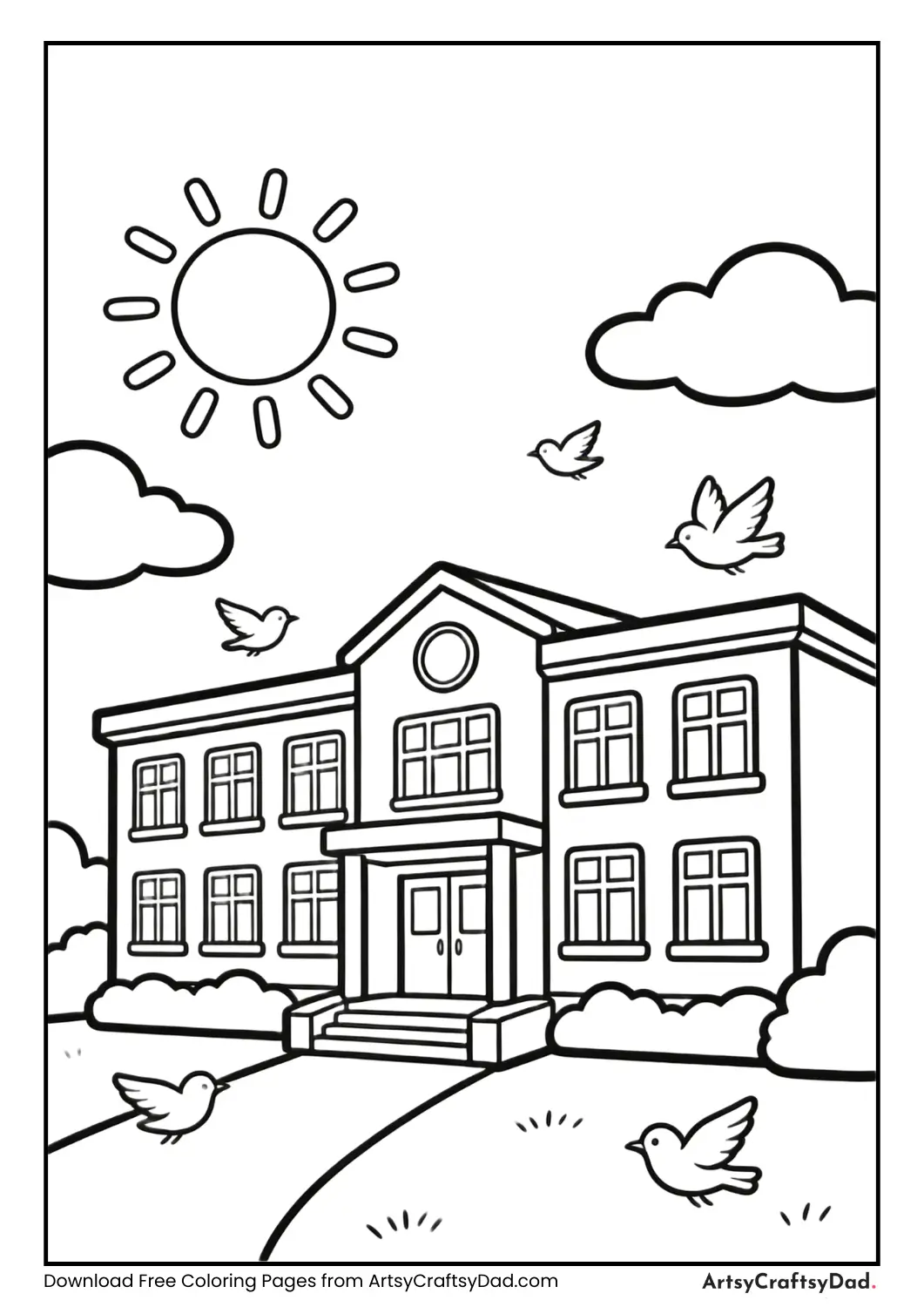 School building with birds and clouds coloring page