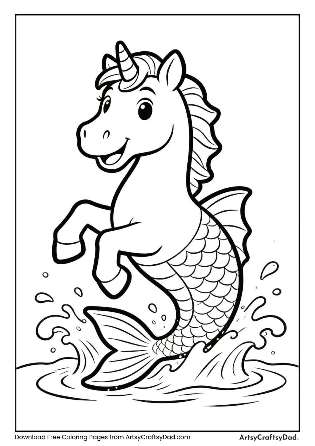 Smiling merhorse splashing water coloring page