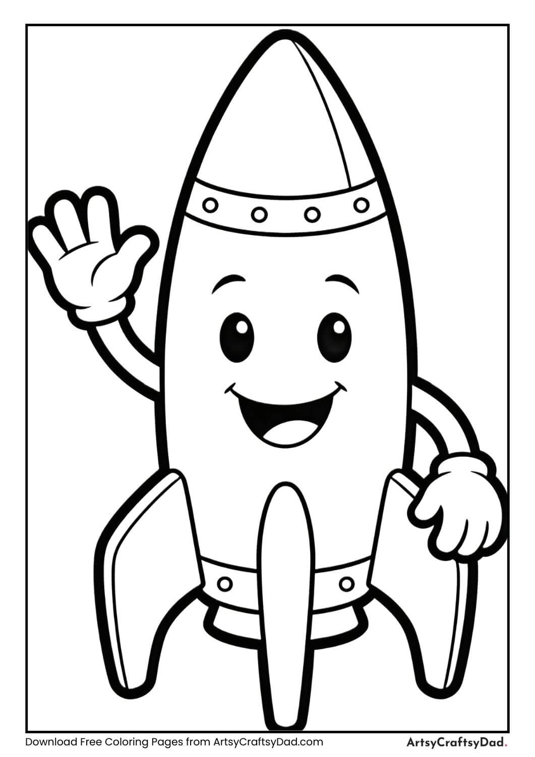 Smiling cartoon space rocket coloring page