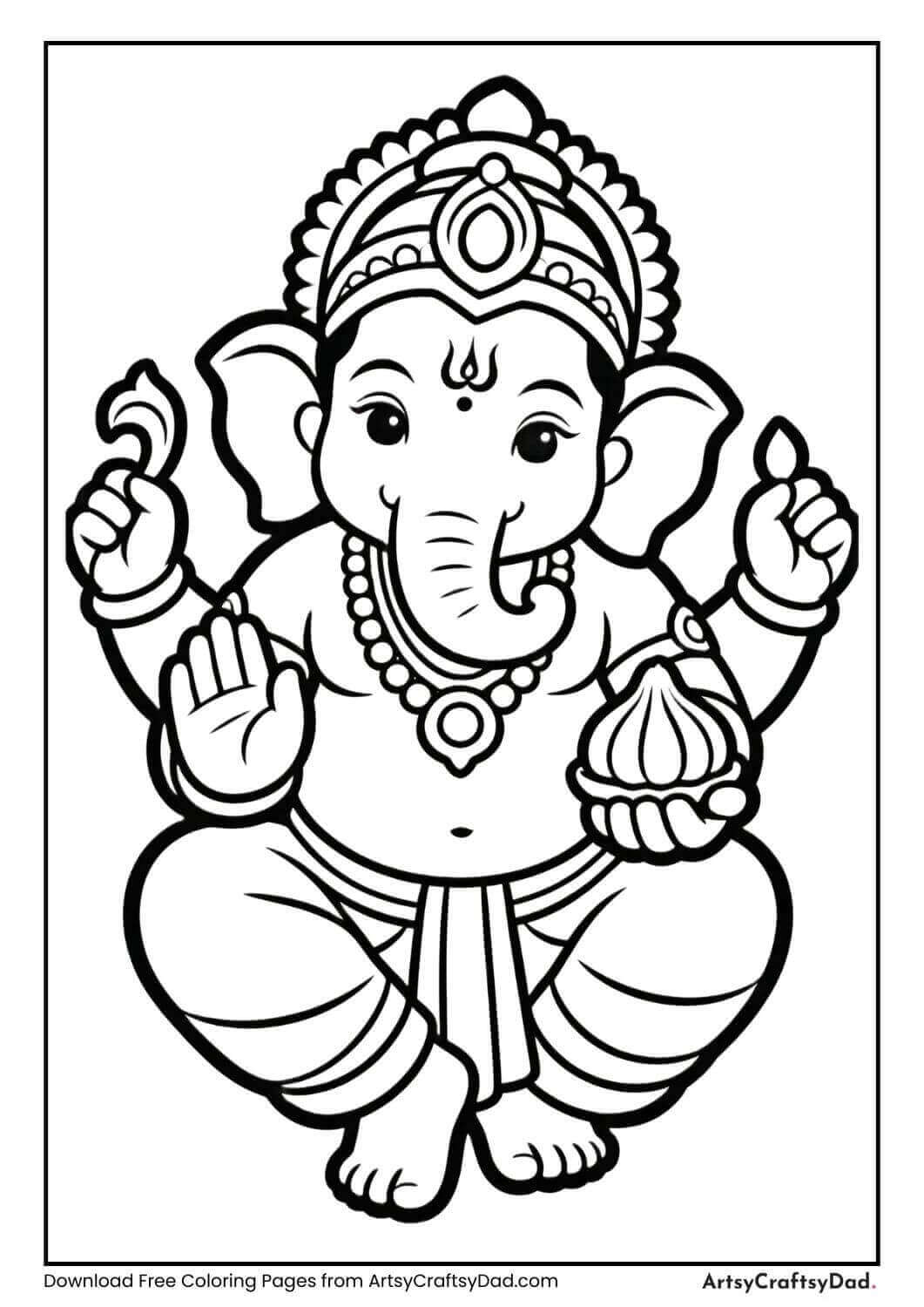 Baby Ganesha holding modak coloring page in black and white