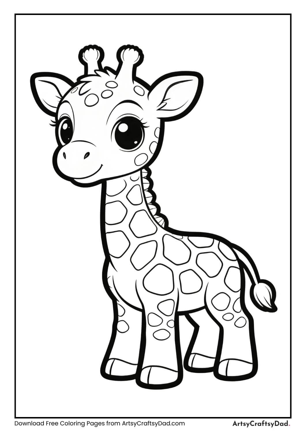 Baby giraffe black and white coloring page for children