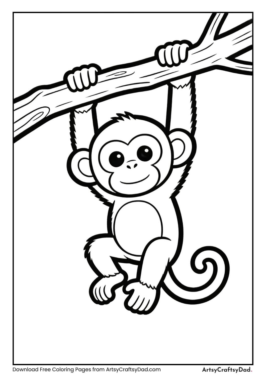 Baby monkey hanging from a tree branch coloring page
