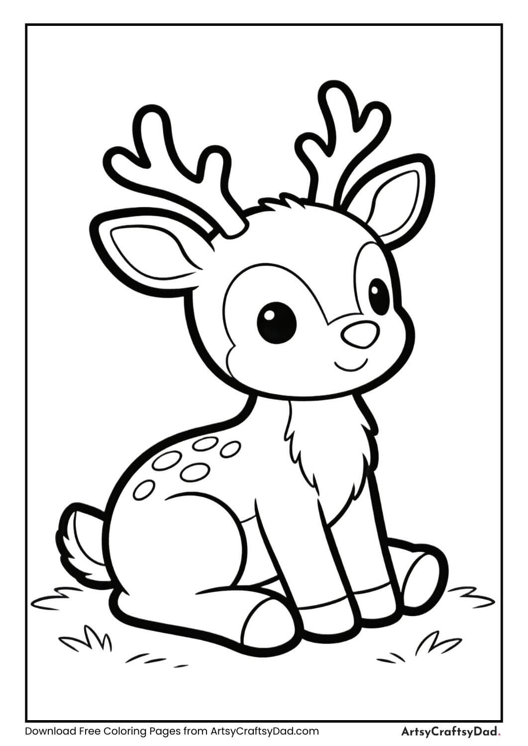 Baby reindeer sitting black and white coloring page for children