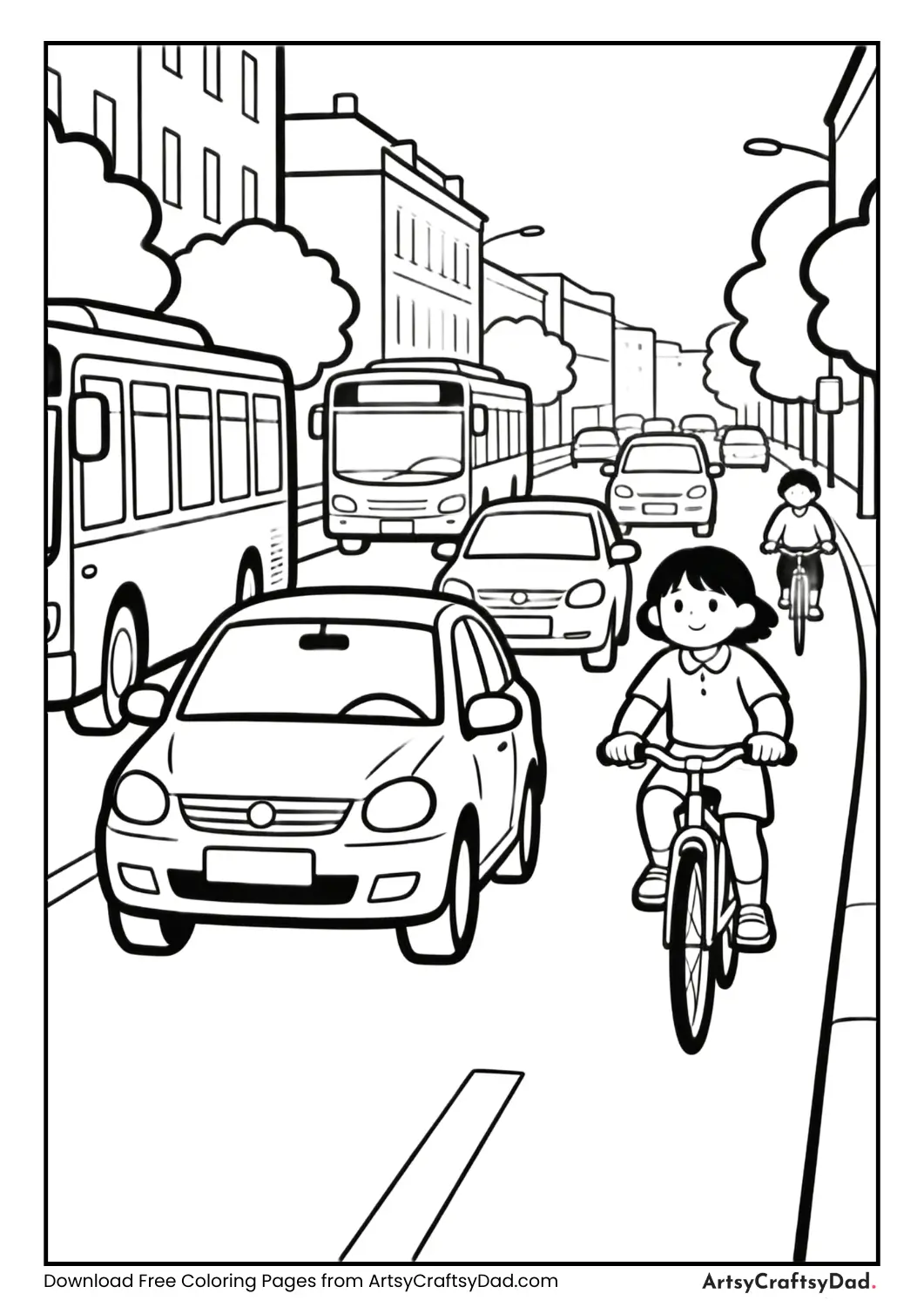 Busy city street with cars, buses, and bicycles coloring page