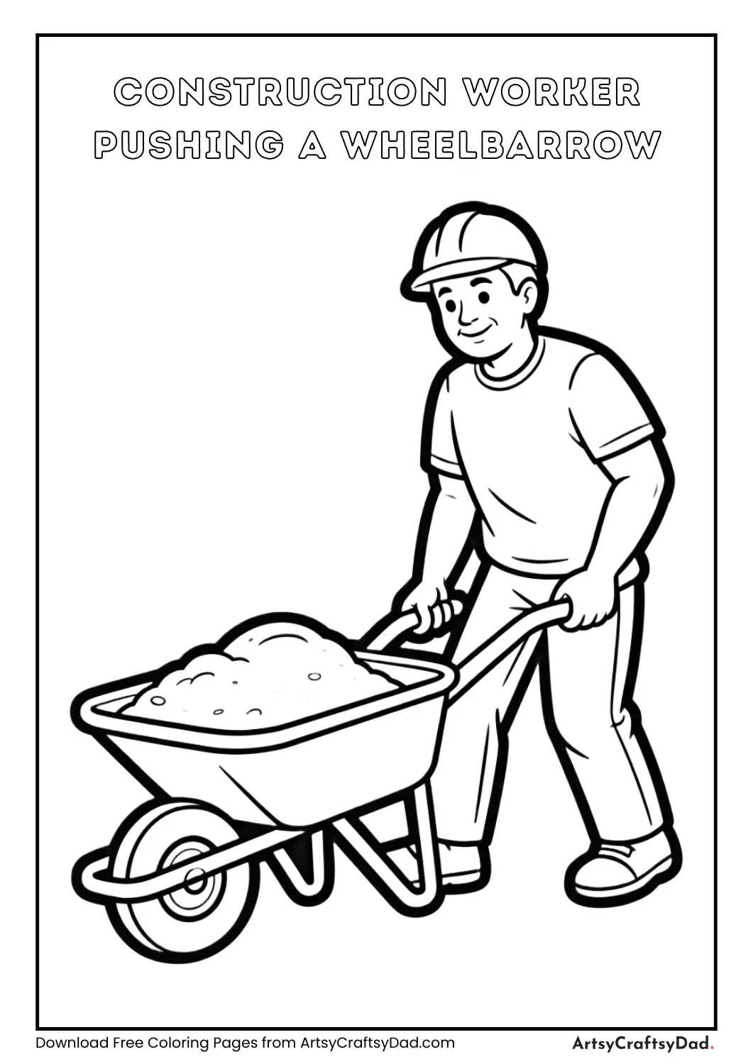Construction worker pushing a wheelbarrow coloring page