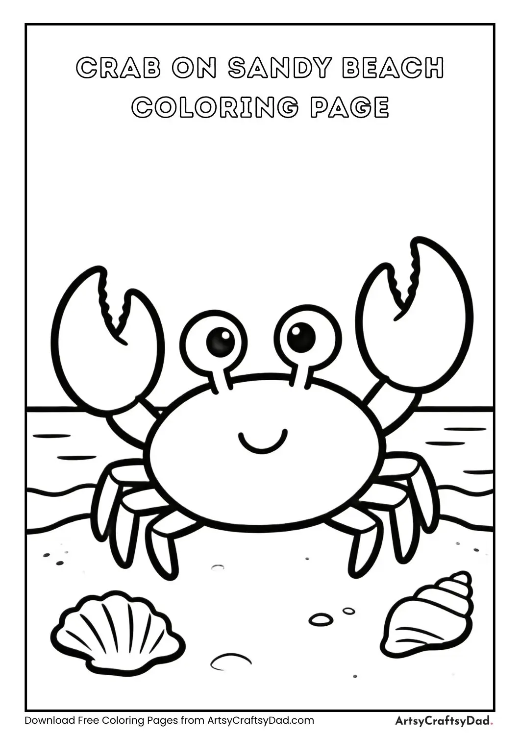Crab sitting on sandy beach with seashells coloring page for children