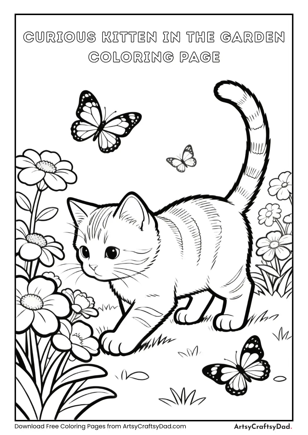 Curious kitten exploring a garden with butterflies and flowers coloring page.