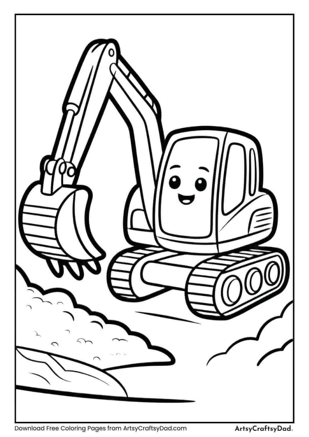 Cute cartoon excavator black and white coloring page for children